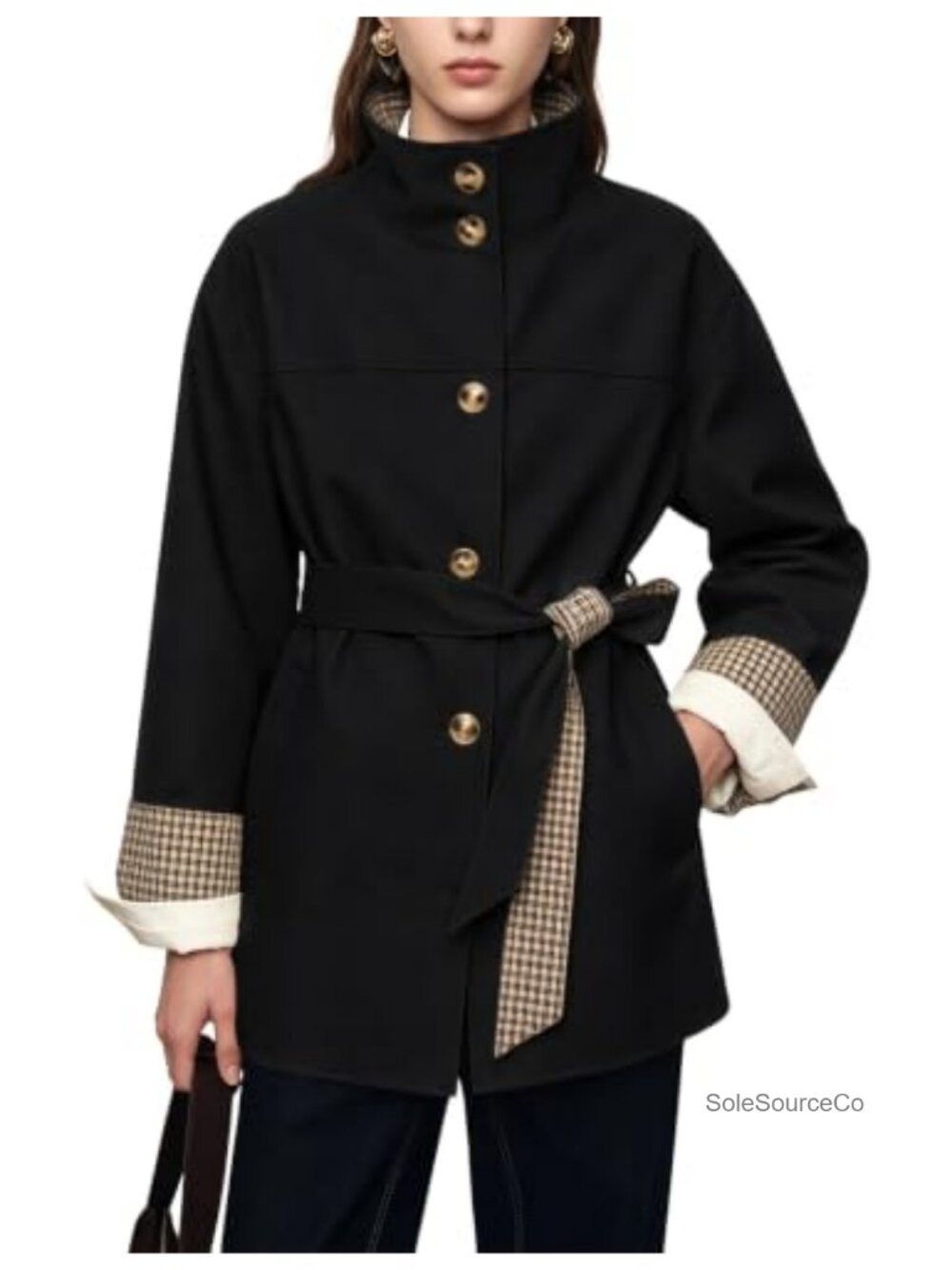 Belted Trench Coat Plaid Trim Button Front Lightweight Womens